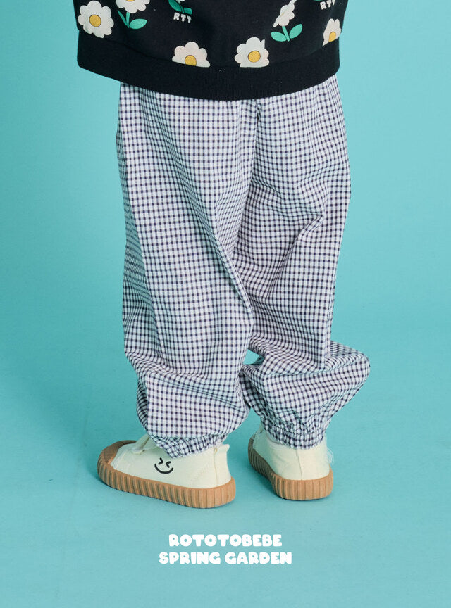 Floral Check Elastic-waist Pants