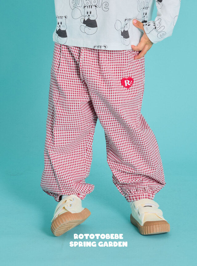 Floral Check Elastic-waist Pants
